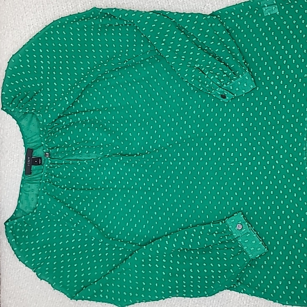 J Crew Flowy Sheer Silk Chiffon Long Sleeve Dot Blouse in Green - Picture 9 of 17